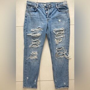 &Denim High‑Rise Distressed Blue Jeans – Button Fly Rigid Denim | Sz ~10